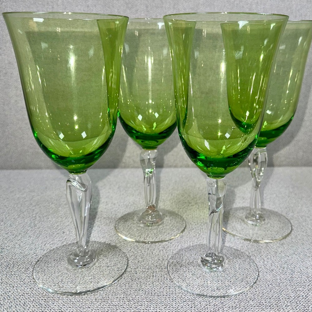 Set/4 Vtg Cristal D'Arques-Durand Casual Setting Green Wine Glasses Twisted Stem